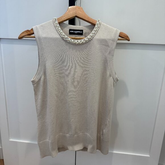 Karl Lagerfeld Cream Pearl Embellished Sleeveless Knit Tank Top – Size Small - Picture 1 of 10